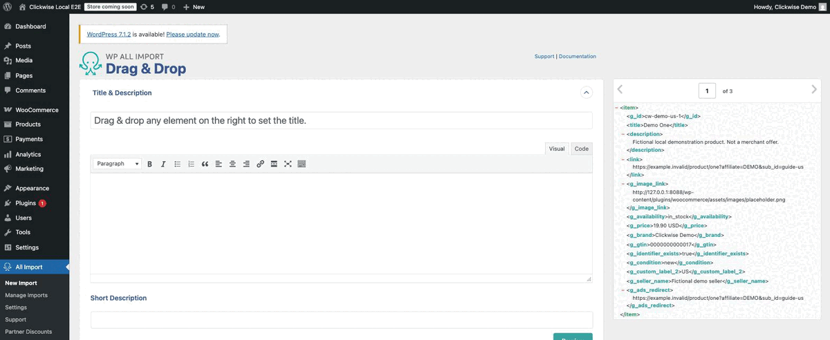 Three detected items; XML namespace appears as g_ in templates.